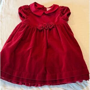 #16 - Deep red velvet Peter Pan collar, rose trim at waist, classic 18-24M